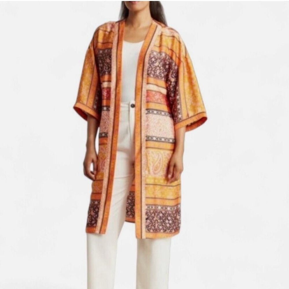 DR2 Kimono Duster Caftan Womens S/M Orange Paisley Floral Satin Boho Cover Up